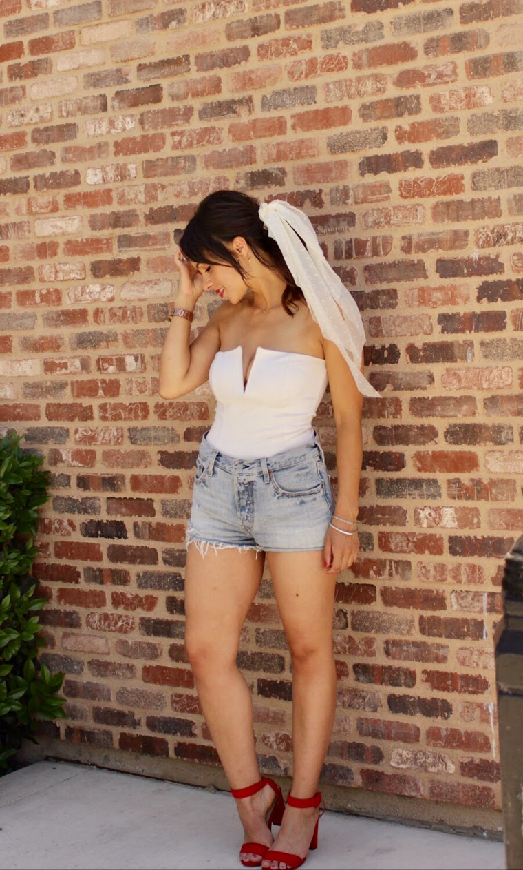 bodysuit with denim shorts